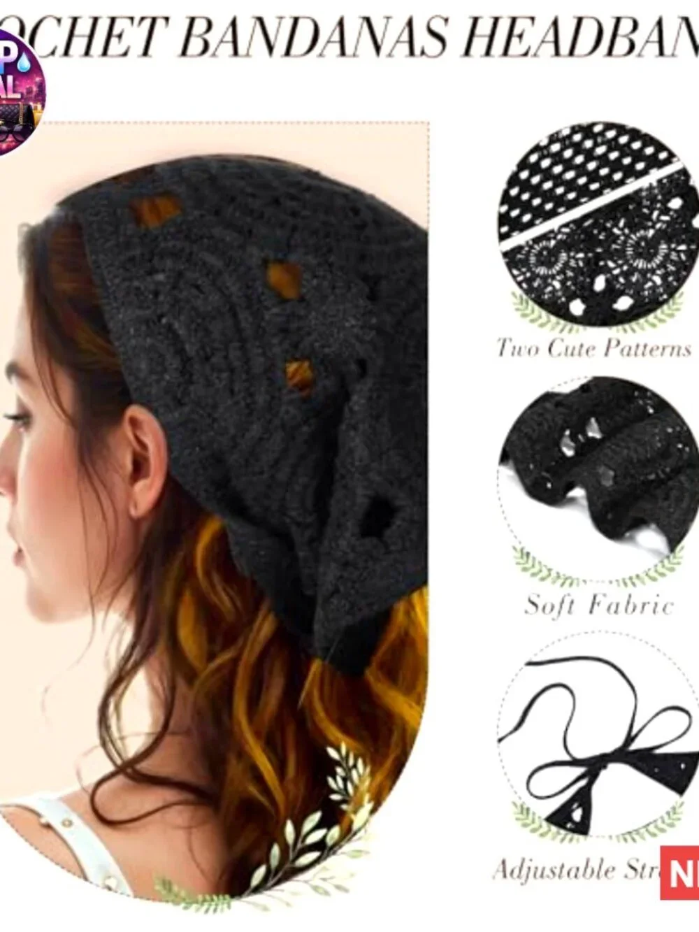 4 Pack Crochet Bandanas Headscarf with Hair Pins, Vintage Floral Headband